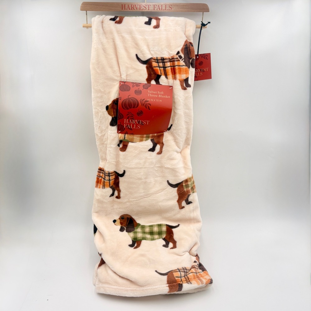 Harvest Falls Velvet Soft Throw Blanket Dachshund Dog Plaid Sweater 60x70 Fall